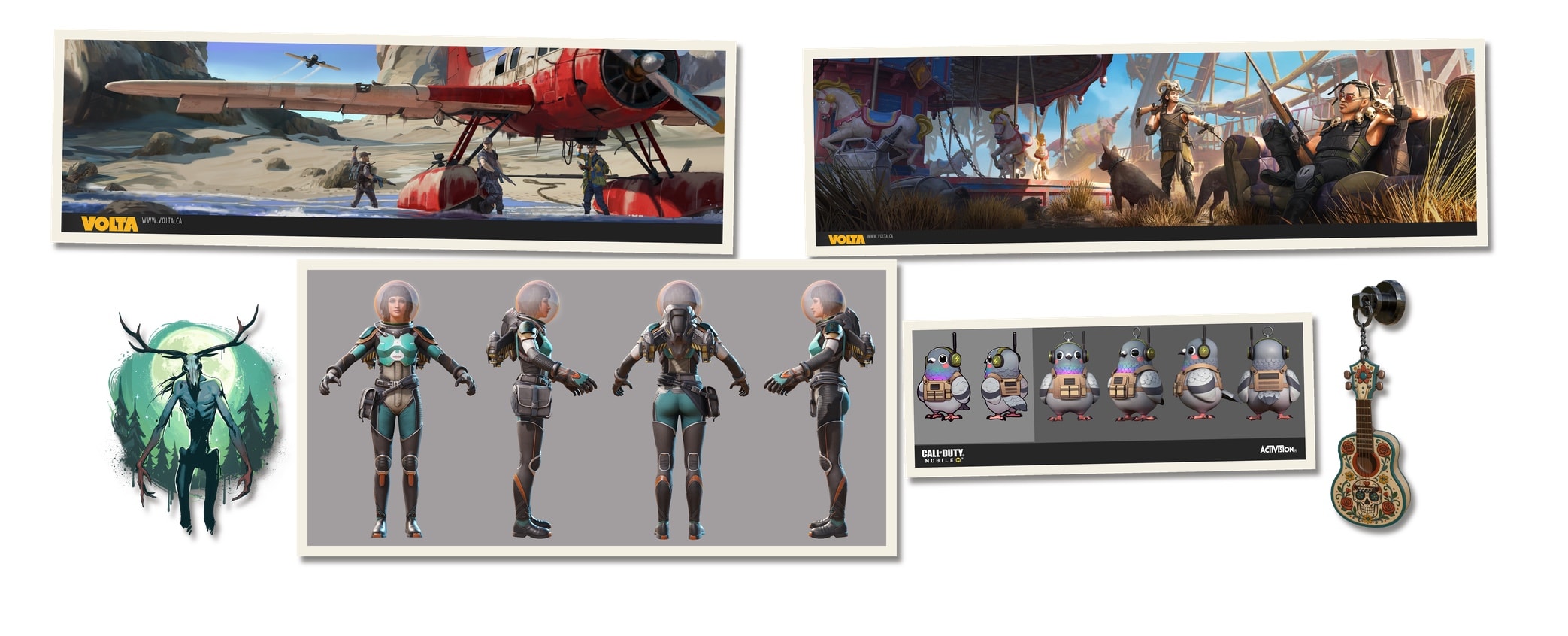External Development collage with VOLTA environment concept banners, a female astronaut character turnaround, illustrated pigeon operators, a sugar-skull guitar keychain, and an antlered forest creature